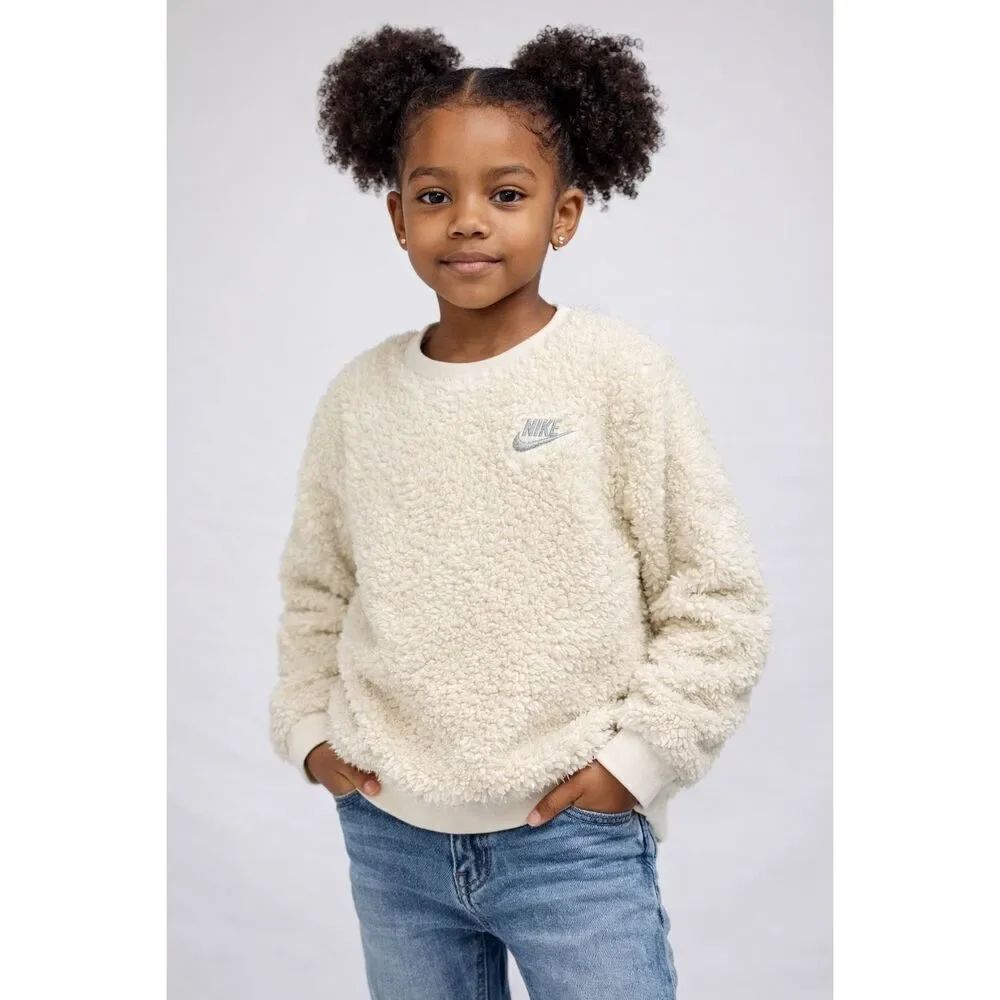 Nike Girls Sherpa Fleece Sweatshirt 6X Cream Pullover Cozy Teddy Crewneck